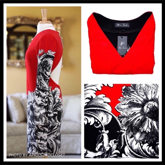 V-NECK LONG SLEEVES RED BLACK WHITE DRESS A3C - Picture 6 of 7